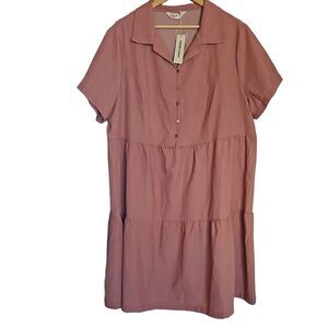 Agnes Orinda Plus Size Short Sleeve Chambray Dress Pink 3X